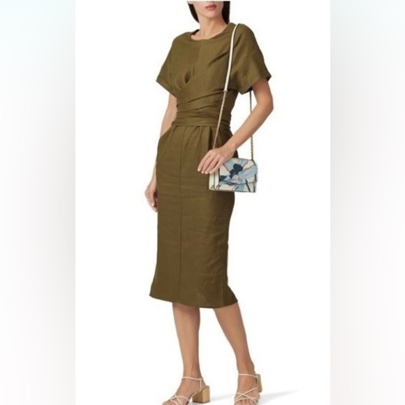 525 America Olive Green Linen Wrap Dress - Picture 1 of 9